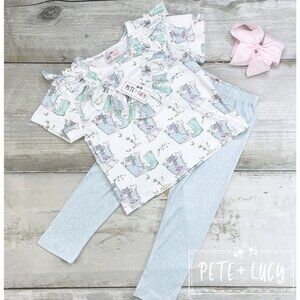 Pete + Lucy Sz 2T Springtime Kitties Cat Short Sleeve Girls Pants Set NEW